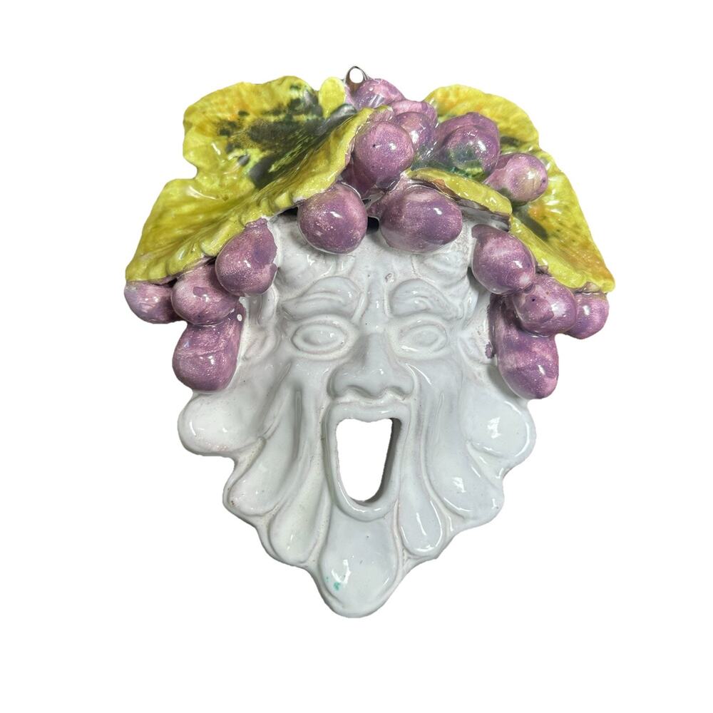 Handmade‎ Italy Ceramic Bacchus Face Wall Mask Majolica Grape Leaves Theatrical
